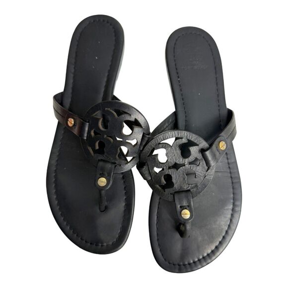 Tory Burch Miller Black Leather Flats Sandals Size 8 - Picture 2 of 4